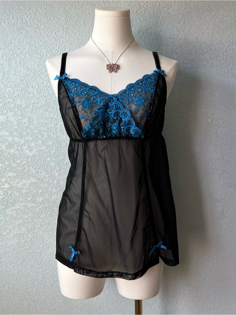 Y2K Style Sheer Lace Babydoll Lingerie Blue Black Mesh Fairy Grunge Top Size 14
